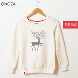 ONOZA2015冬季新款韩版加绒圆领卫衣女烫银驯鹿卡通印花时尚外套