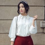 衬衫女2016春装新款韩版欧根纱钉珠灯笼袖拼接雪纺衫七分袖白衬衣