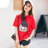 2016夏装新品韩版宽松唐老鸭卡通印花圆领红色短袖T恤女打底上衣