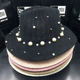 韩国代购珍珠大檐编织草帽高端爵士礼帽可折叠遮阳帽子女士防晒帽