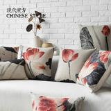 创意中国风现代复古新中式红木沙发水墨画荷花棉麻抱枕沙发靠垫套