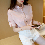 棉麻衬衫女短袖2016夏季新品文艺范宽松百搭白衬衣粉色女上衣