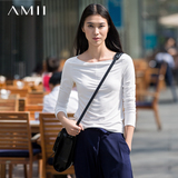 Amii[极简主义]2016春装纯色修身一字领打底衫大码长袖白色T恤女