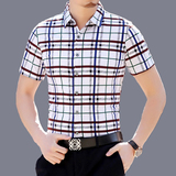 中年男士短袖衬衫男装双丝光棉格子商务修身印花休闲半袖夏季衬衣