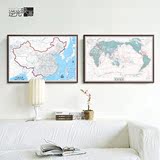 高清复古中国地图世界地图挂图客厅装饰画书房办公室仿古地图带框
