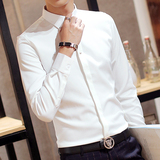 春季男士韩版寸纯色衬衣发型师青年修身款长袖商务休闲免烫白衬衫