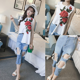 韩版时尚手工玫瑰花朵刺绣个性衬衣+牛仔破洞七分裤套装女夏F578