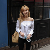 夏季韩国代购 chic风一字领条纹露肩长袖衬衫女 现货