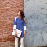 2016韩国东大门代购夏新款上衣女蓝色竖条纹吊带露肩衬衫连衣裙