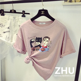 ZHU蝙蝠侠超人合照自拍圆领T恤粉色宽松清新韩国印花短袖代购女