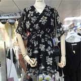 2016夏季女装新款韩版印花雪纺连衣裙V领短袖收腰中长款蓬蓬裙女