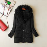 外贸2015冬季新款韩版宽松简约大毛领牛角扣女中长款加厚棉衣外套