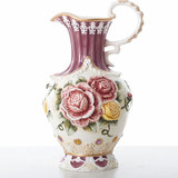 欧式大花瓶储水鲜花容器浮雕玫瑰英伦风范单耳陶瓷水罐金边水壶