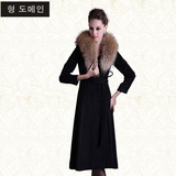 韩国代购冬装SZ韩版修身显瘦大码女装貉子毛领长款毛呢大衣外套