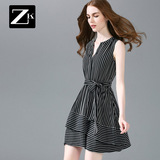ZK系带收腰V领黑白撞色条纹连衣裙修身显瘦不规则下摆2016夏新款