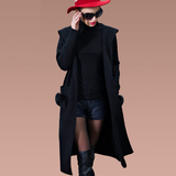 冬季新款韩版时尚休闲宽松大口袋拼毛连帽毛呢外套中长款女装大衣