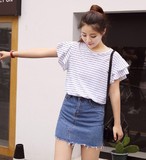 2016夏韩版百搭学生甜美荷叶边T恤女短袖搭配牛仔短裙子长裙上衣