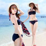韩国新款性感比基尼三件套女泳衣挂脖抹胸有厚胸垫小平胸聚拢泳装