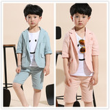 16夏季新款 韩版纯色棉麻中小童男童西服短裤短袖套装 儿童童装