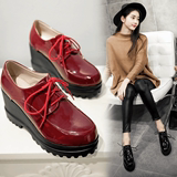 韩版春季新款系带深口单鞋子时尚漆皮防水台坡跟女鞋高跟鞋加大码