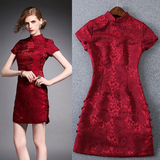 2016夏装新款女装优雅立领改良旗袍礼服裙日常提花包臀红色连衣裙
