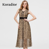 Koradior/珂莱蒂尔正品夏季欧美气质豹纹印花修身显瘦无袖连衣裙