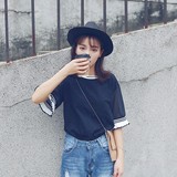 2016夏季 韩国个性显瘦雪纺花边袖简约百搭短袖T恤女
