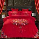 靓妆婚庆四件套 大红色全棉结婚床品 3D纯棉床单式床上被套 秋冬