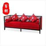 新中式水曲柳实木布艺印花沙发仿古典家具组合客厅样板间会所定制
