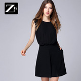 ZK欧美简约2016新款夏季女装修身雪纺裙 显瘦收腰无袖黑色连衣裙