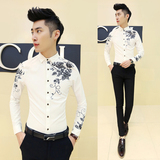 冬季修身加绒长袖衬衫潮流时尚男士韩版英伦青年保暖休闲白色衬衣