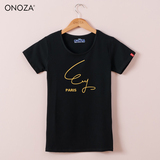 ONOZA16夏季新款圆领短袖T恤女 烫金hey巴黎卡通字母印花修身T恤