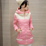 情心雨冬季新品韩版时尚拼色棉衣女中长款修身棉服连帽学生外套潮