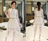 2016韩国夏季七分袖中长款修身性感镂空蕾丝拼接高腰公主裙连衣裙