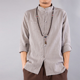 中国风男装 中式复古立领盘扣男衬衫亚麻宽松男式开衫纯色上衣