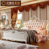 欧式真皮双人床 法式奢华橡木雕花描金婚床 1.8米实木田园公主床