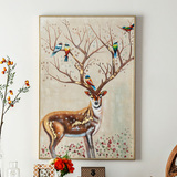 奇居良品 客厅书房卧室帆布有框装饰挂画 麋鹿与鸟手绘油画