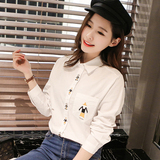 2016春新款女装长袖衬衣韩版可爱人物刺绣翻领长袖白衬衫衬衣1999