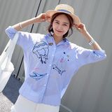 刺绣条纹衬衫夏季韩版女装前短后长衬衣短款休闲宽松长袖外套上衣