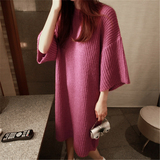 毛衣套头韩版中长款糖果色毛衣裙粗线针织打底衫女士喇叭袖连衣裙