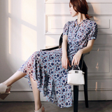 韩国2016夏季新款气质女装韩版显瘦中长款短袖印花雪纺连衣裙长裙