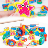 包邮儿童积木立体磁性钓鱼玩具宝宝木制海洋串珠穿绳子二合一游戏