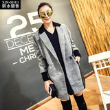 2015秋冬新款韩版中长款拼接毛呢外套茧型宽松大码呢子大衣棉衣女