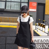 LR韩版2016夏季新款纯色金属扣可调节黑色休闲背带裙潮女短款