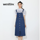 Westlink/西遇2016春季新款 单排多扣口袋背带裙中长款蓝色牛仔裙