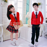 日韩中小学生秋季校服 全棉幼儿园园服 长袖三件套装红色校服批发