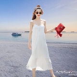 白色吊带长裙雪纺连衣裙沙滩裙夏压褶纯色百褶海边渡假海滩度假