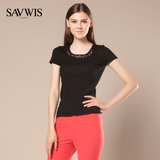 SAVWIS2016夏新品特价 女圆领羊毛短袖黑色针织衫T恤 钉珠打底衫