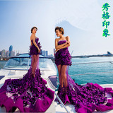 展会主题婚纱影楼服装海景游艇摄影艺术拍照情侣写真紫色拖尾礼服