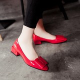 欧美春夏女鞋新款秋鞋蝴蝶结方头中跟浅口鞋红色方跟女单鞋婚鞋